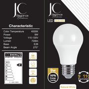 JC-A604K. Bombilla LED E26, 9 W, 4000 K.