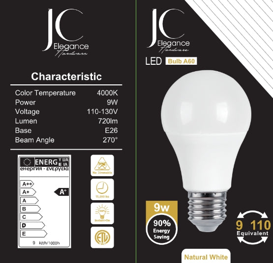 JC-A604K. Bombilla LED E26, 9 W, 4000 K.