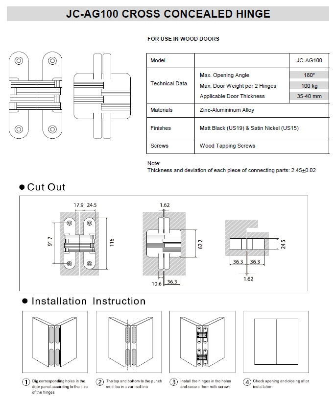 JC-AG100 Concealed Hinge Non Adjustable