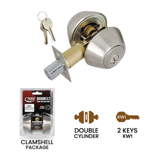 Stainless Steel Deadbolt Door Lock - Double Cylinder - With 2 KW1 Keys