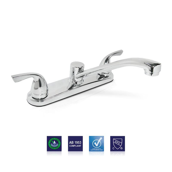 2 Lever Handle Kitchen Faucet - Fits 8" Center, Chrome Finish