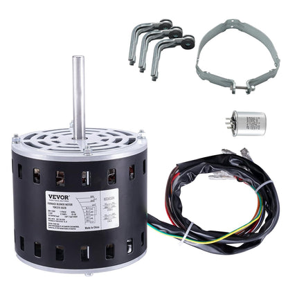 Motor de soplador para horno VEVOR de 1/2 HP, 208/230 V, 2,7 A, 1075 RPM, 5 velocidades, rotación en sentido horario/antihorario, marco de 48 mm, longitud de eje de 3,4", condensador de 7,5 μF/450 V + aro de retención de 11" 