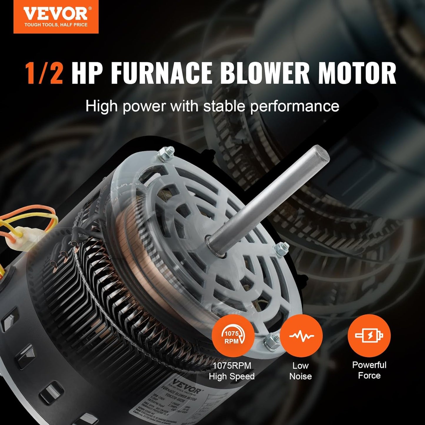 Motor de soplador para horno VEVOR de 1/2 HP, 208/230 V, 2,7 A, 1075 RPM, 5 velocidades, rotación en sentido horario/antihorario, marco de 48 mm, longitud de eje de 3,4", condensador de 7,5 μF/450 V + aro de retención de 11" 