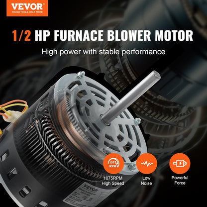 Motor de soplador para horno VEVOR de 1/2 HP, 208/230 V, 2,7 A, 1075 RPM, 5 velocidades, rotación en sentido horario/antihorario, marco de 48 mm, longitud de eje de 3,4", condensador de 7,5 μF/450 V + aro de retención de 11" 