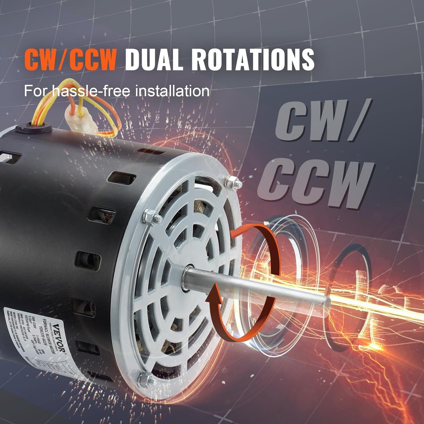 Motor de soplador para horno VEVOR de 1/2 HP, 208/230 V, 2,7 A, 1075 RPM, 5 velocidades, rotación en sentido horario/antihorario, marco de 48 mm, longitud de eje de 3,4", condensador de 7,5 μF/450 V + aro de retención de 11" 
