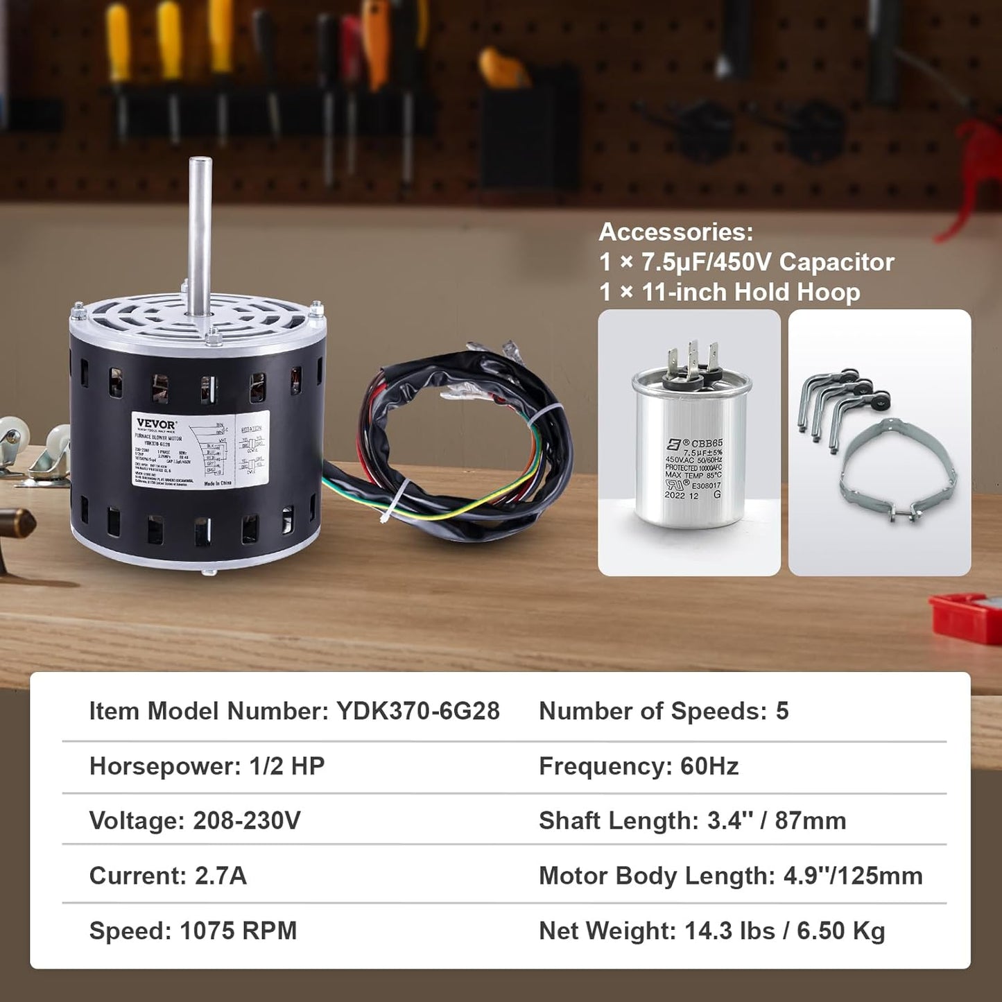 Motor de soplador para horno VEVOR de 1/2 HP, 208/230 V, 2,7 A, 1075 RPM, 5 velocidades, rotación en sentido horario/antihorario, marco de 48 mm, longitud de eje de 3,4", condensador de 7,5 μF/450 V + aro de retención de 11" 